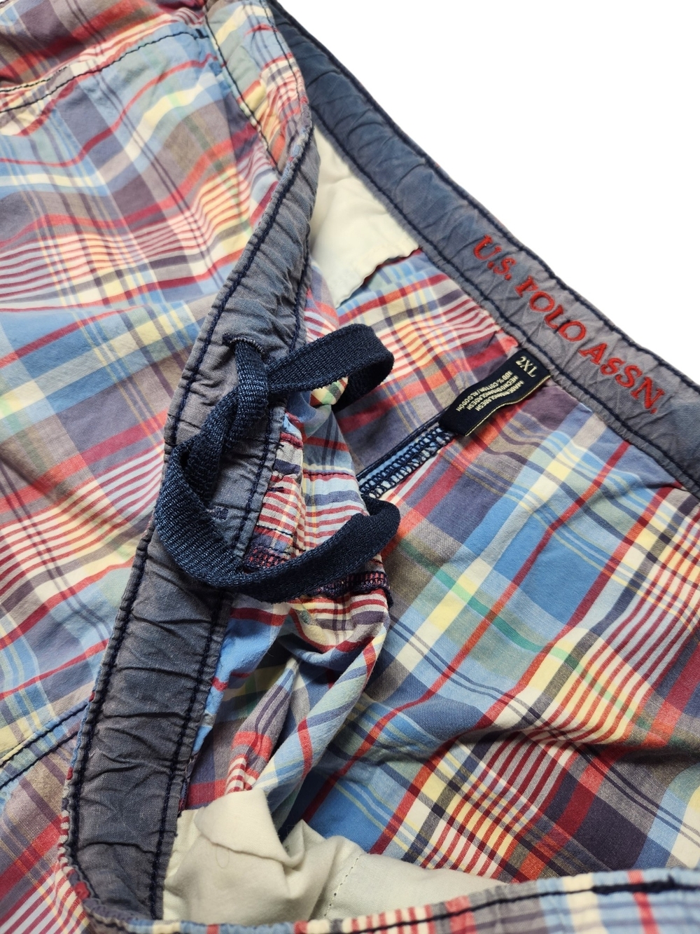 U.S. Polo Assn Men’s Plaid Pull On Drawstring Shorts 2XL Blue Red Cotton Preppy - Picture 6 of 12